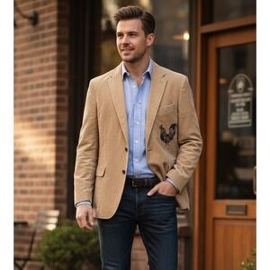 Sears Roebuck & Co Sport Jacket Men's L? Khaki Corduroy Two Button Rooster Print